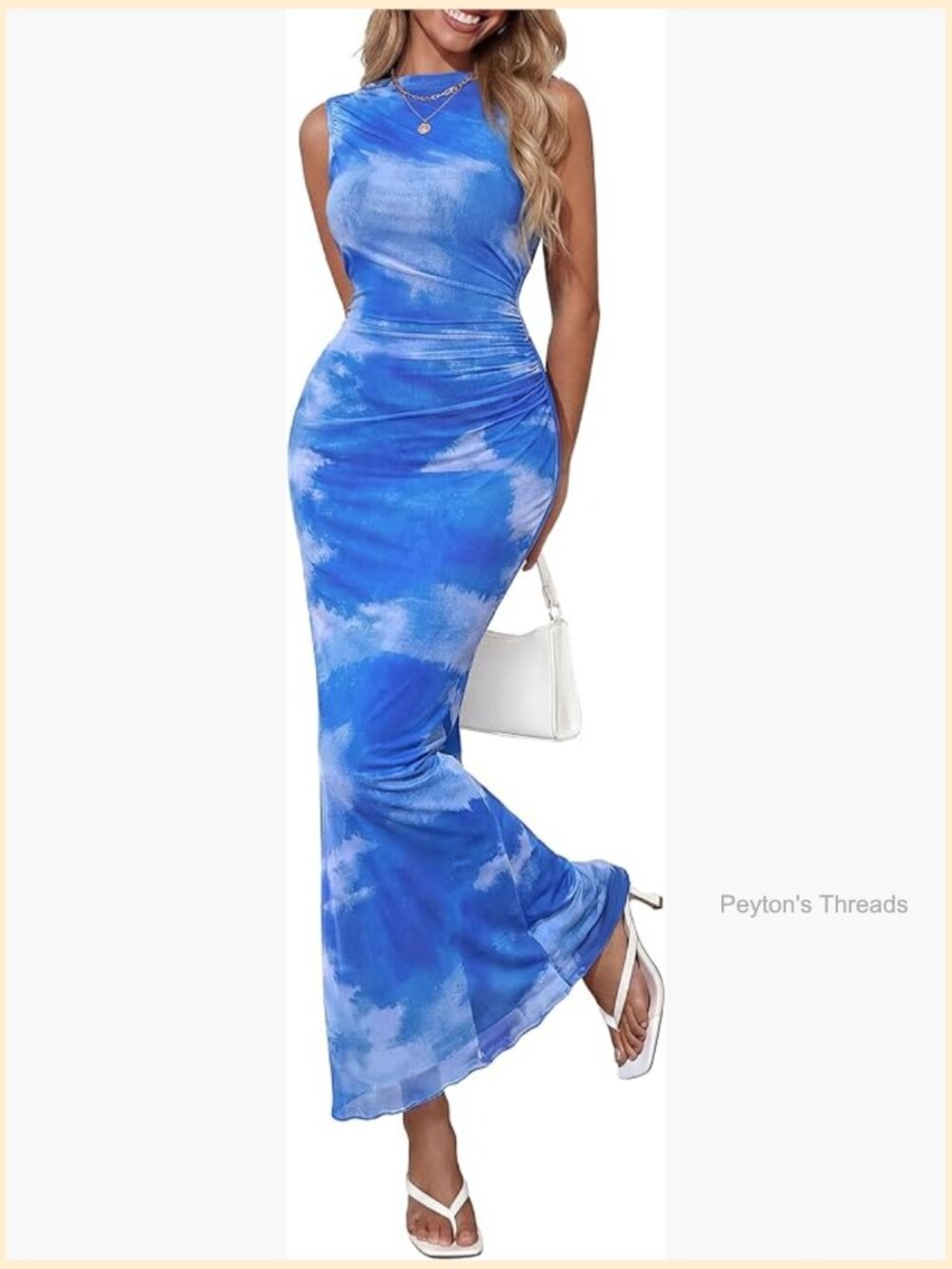 Sleeveless Mock Neck Bodycon Maxi Dress with Tie Dye Mesh Ruched Detail